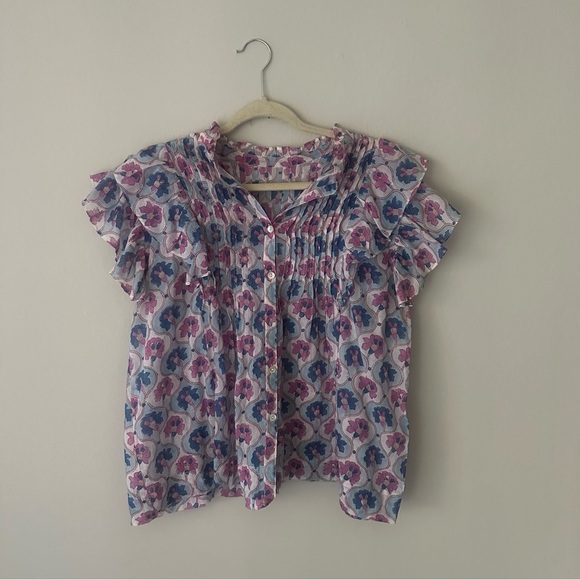 Oliphant Pintuck Ruffle Floral Top, Iris Blue Large - Picture 6 of 10